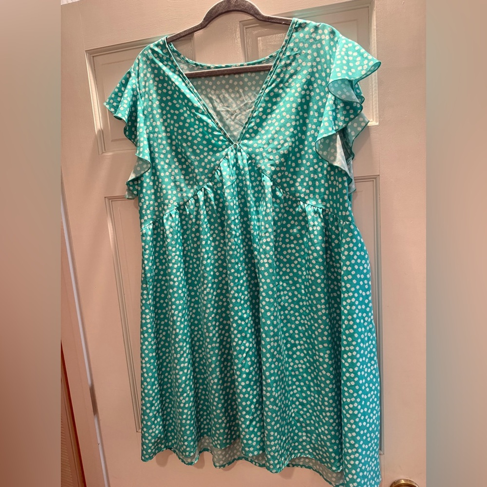 Teal Polka Dot Floral Ruffle Sleeve Dress